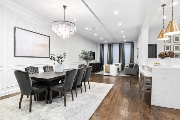 Chandelier, Dining room, Interior, Living room, Pendant Lights, Recessed Lighting, Wood Texture Flooring