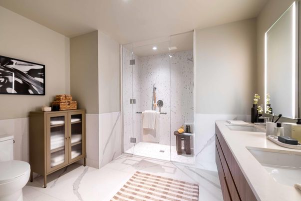 Bathroom, Glass Shower, Interior, Marble, Recessed Lighting