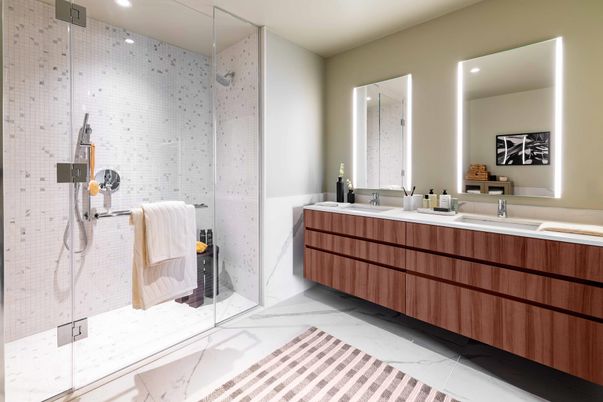 Bathroom, Dual Sink Vanities, Glass Shower, Interior, Marble, Recessed Lighting