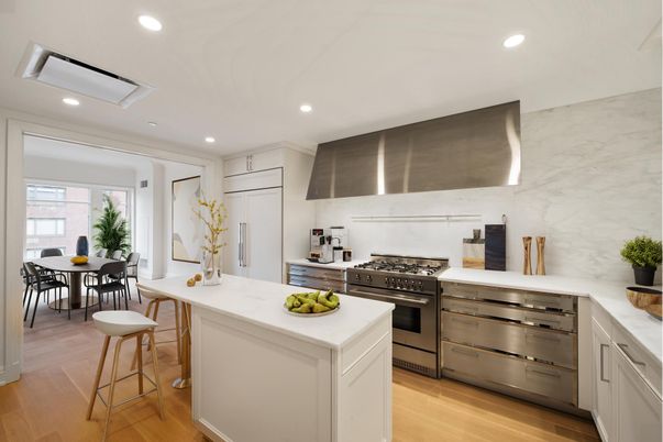 Dining room, Interior, Kitchen, Marble Walls, Recessed Lighting, Stainless Steel Appliances, Wood Texture Flooring