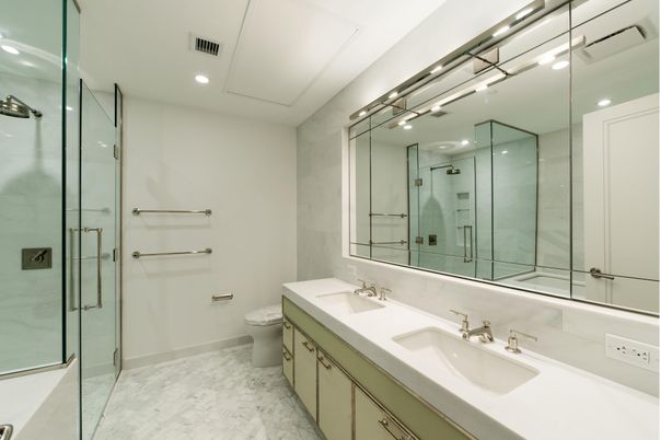 Bathroom, Dual Sink Vanities, Glass Shower, Interior, Marble, Recessed Lighting