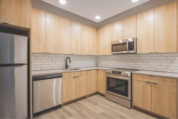 Interior, Kitchen, Recessed Lighting, Stainless Steel Appliances, Wood Texture Flooring