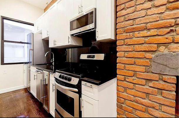 Interior, Kitchen, Stainless Steel Appliances, Stone Walls, Wood Texture Flooring