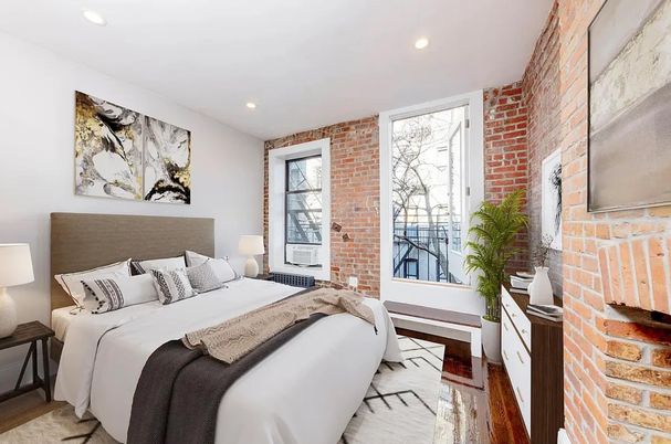 Bedroom, Interior, Recessed Lighting, Stone Walls, Wood Texture Flooring