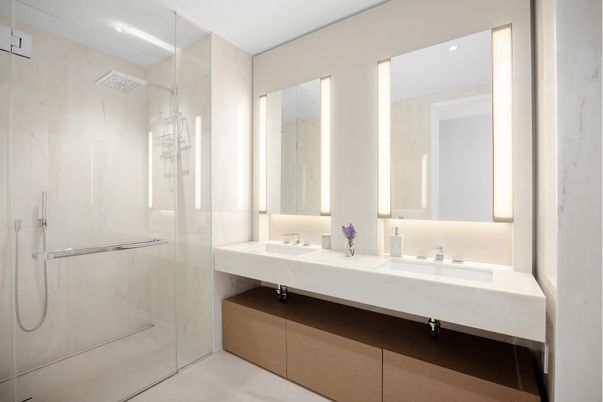 Bathroom, Dual Sink Vanities, Glass Shower, Interior, Recessed Lighting
