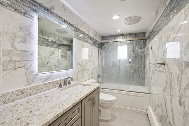 Bathroom, Glass Shower, Interior, Marble Walls, Recessed Lighting