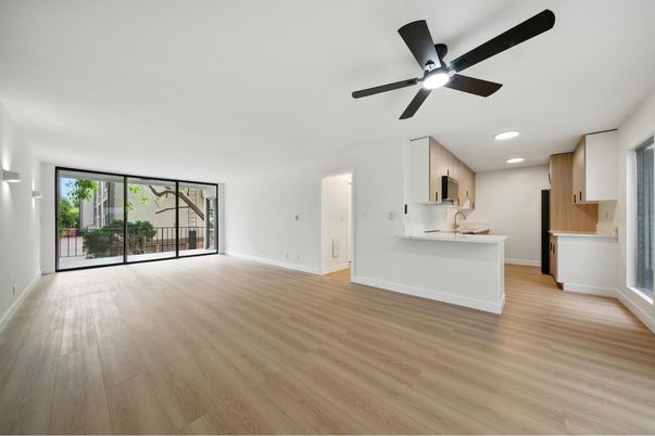 Empty room, Interior, Kitchen, Recessed Lighting, Wood Texture Flooring