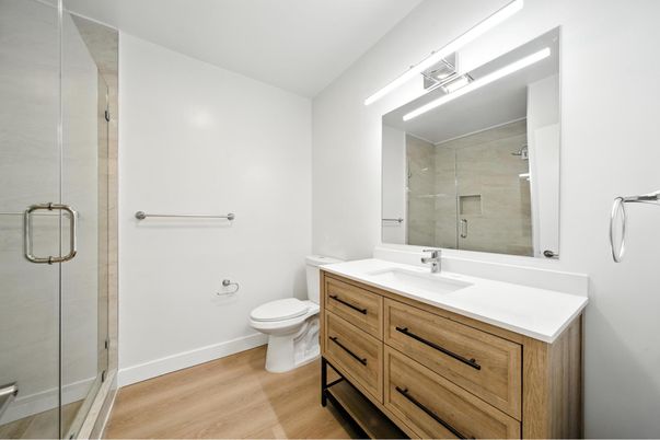 Bathroom, Glass Shower, Interior, Wood Texture Flooring