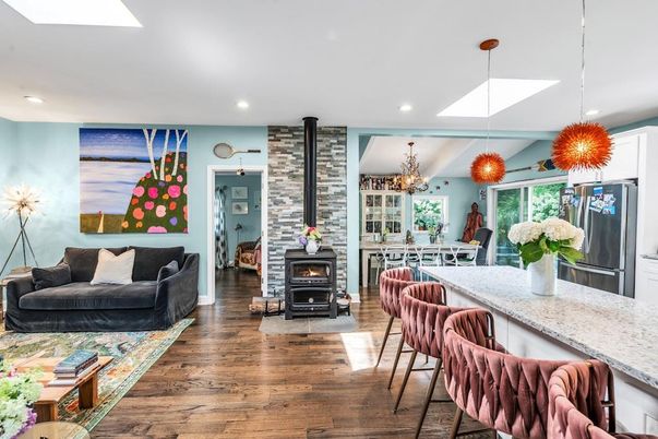 Chandelier, Dining room, Fireplace, Interior, Kitchen, Living room, Pendant Lights, Recessed Lighting, Wood Texture Flooring