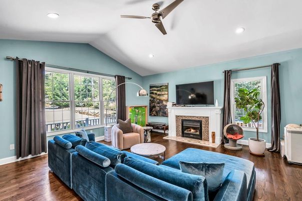 Fireplace, Interior, Living room, Recessed Lighting, Wood Texture Flooring