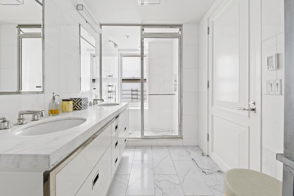 Bathroom, Dual Sink Vanities, Glass Shower, Interior, Marble