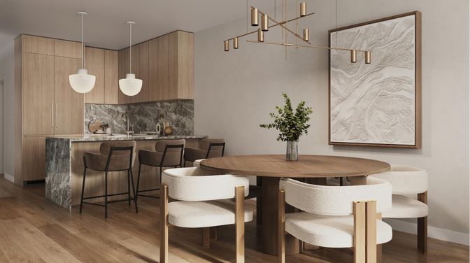 Dining room, Interior, Pendant Lights, Wood Texture Flooring
