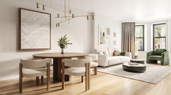 Dining room, Interior, Living room, Pendant Lights, Wood Texture Flooring