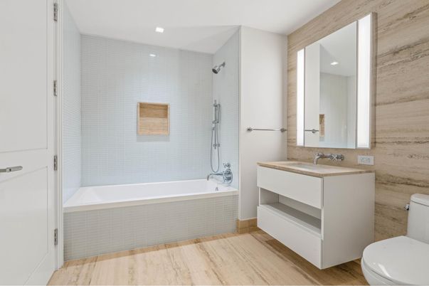 Bathroom, Interior, Recessed Lighting, Wood Texture Flooring, Wooden Walls