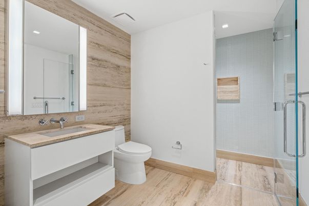 Bathroom, Glass Shower, Interior, Recessed Lighting, Wood Texture Flooring, Wooden Walls