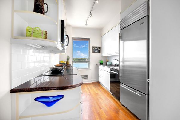 Interior, Kitchen, Stainless Steel Appliances, Water, Wood Texture Flooring