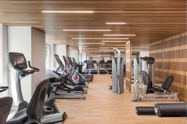 Fitness Equipment, Gym, Interior, Recessed Lighting, Wood Texture Flooring