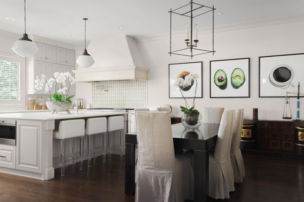 Dining room, Interior, Kitchen, Pendant Lights, Recessed Lighting, Wood Texture Flooring