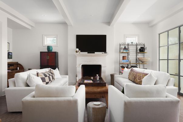 Fireplace, Interior, Living room, Recessed Lighting, Wood Texture Flooring