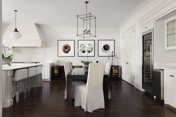 Dining room, Interior, Kitchen, Pendant Lights, Recessed Lighting, Wood Texture Flooring