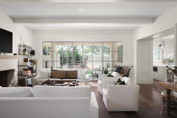 Fireplace, Interior, Living room, Pendant Lights, Recessed Lighting, Wood Texture Flooring