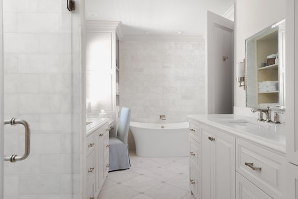 Bathroom, Dual Sink Vanities, Free Standing Baths, Interior, Marble, Recessed Lighting