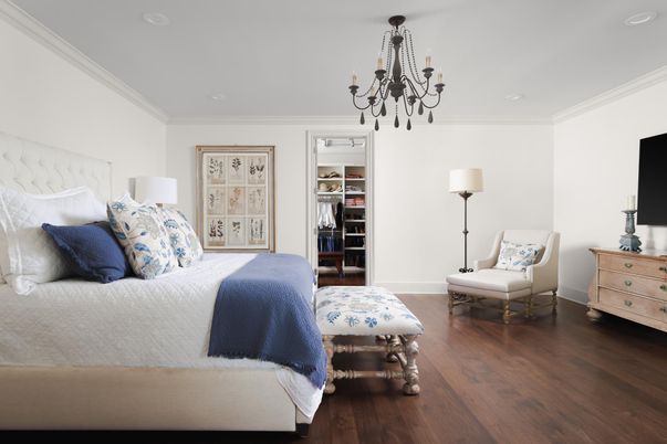 Bedroom, Chandelier, Interior, Recessed Lighting, Wood Texture Flooring