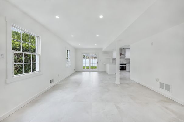 Empty room, Interior, Kitchen, Recessed Lighting, Stainless Steel Appliances