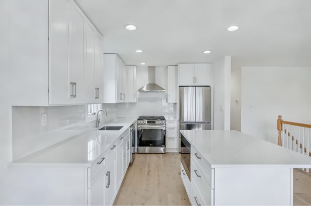 Interior, Kitchen, Recessed Lighting, Stainless Steel Appliances, Wood Texture Flooring