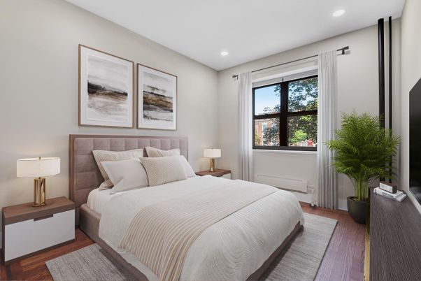 Bedroom, Interior, Recessed Lighting, Wood Texture Flooring
