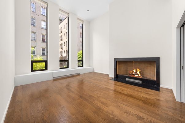 Empty room, Fireplace, Interior, Recessed Lighting, Wood Texture Flooring