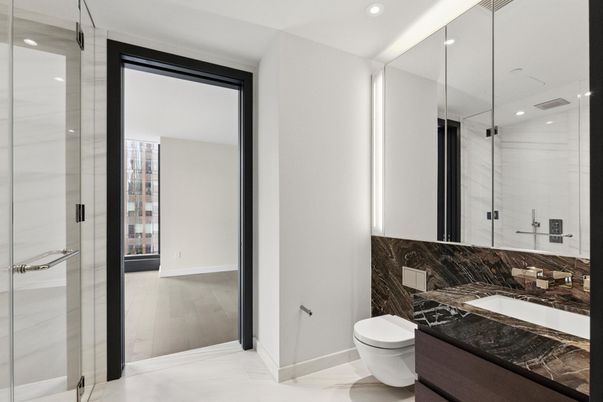 Bathroom, Interior, Marble, Recessed Lighting, Wood Texture Flooring