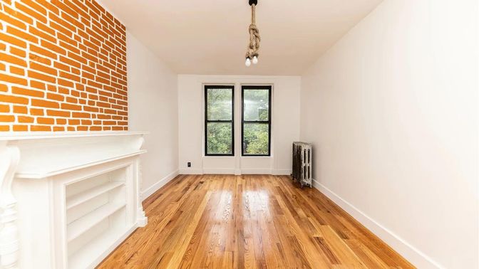 Empty room, Fireplace, Interior, Pendant Lights, Wood Texture Flooring