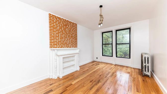 Empty room, Fireplace, Interior, Pendant Lights, Wood Texture Flooring