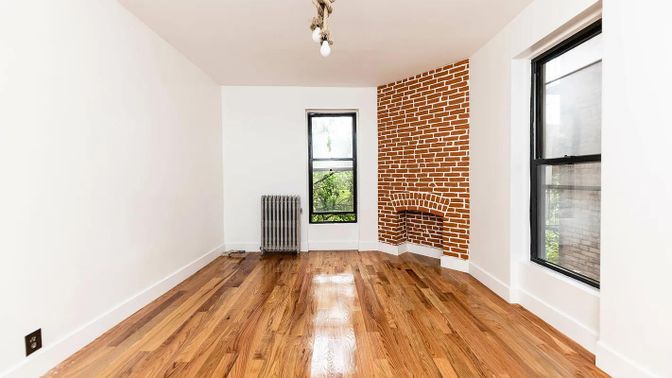 Empty room, Fireplace, Interior, Stone Walls, Wood Texture Flooring