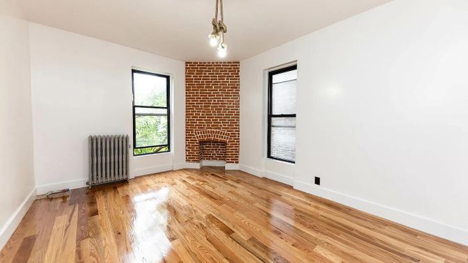 Empty room, Fireplace, Interior, Pendant Lights, Stone Walls, Wood Texture Flooring