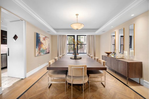 Dining room, Interior, Recessed Lighting, Wood Texture Flooring