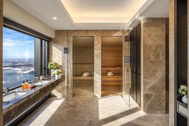 Bathroom, Dual Sink Vanities, Glass Shower, Interior, Recessed Lighting, Sauna Room