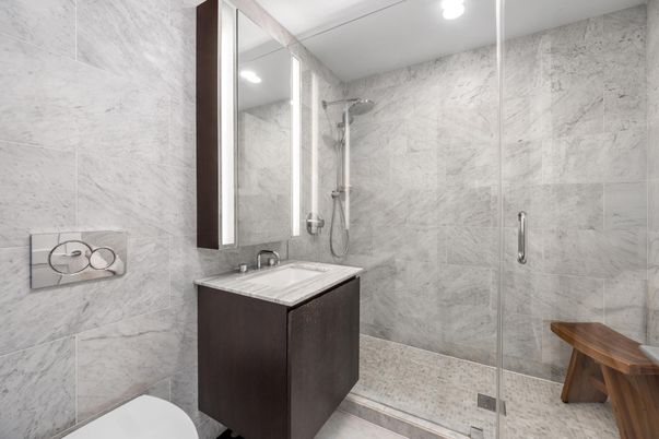Bathroom, Glass Shower, Interior, Marble Walls, Recessed Lighting