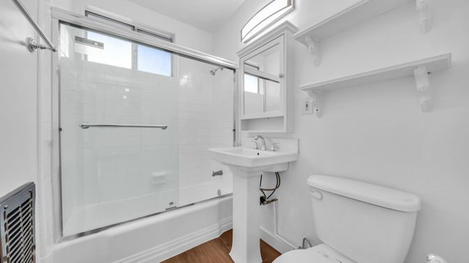 Bathroom, Glass Shower, Interior, Wood Texture Flooring