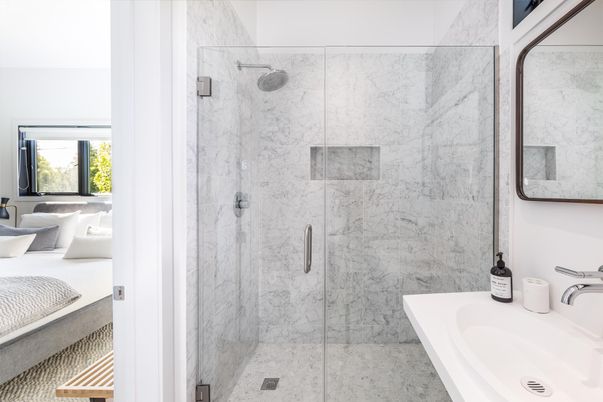 Bathroom, Glass Shower, Interior, Marble Walls