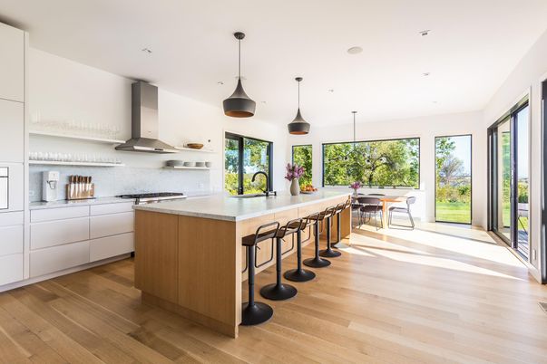 Dining room, Interior, Kitchen, Pendant Lights, Recessed Lighting, Stainless Steel Appliances, Wood Texture Flooring