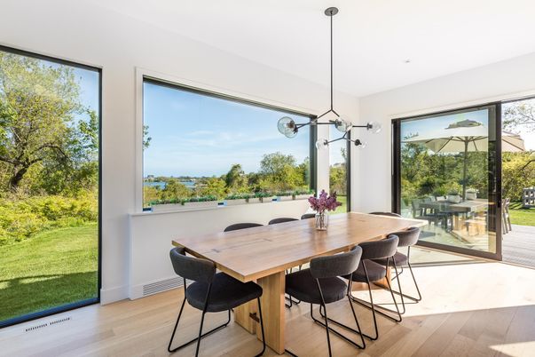Dining room, Interior, Pendant Lights, Wood Texture Flooring