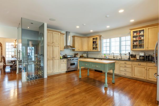 Dining room, Interior, Kitchen, Recessed Lighting, Stainless Steel Appliances, Wood Texture Flooring