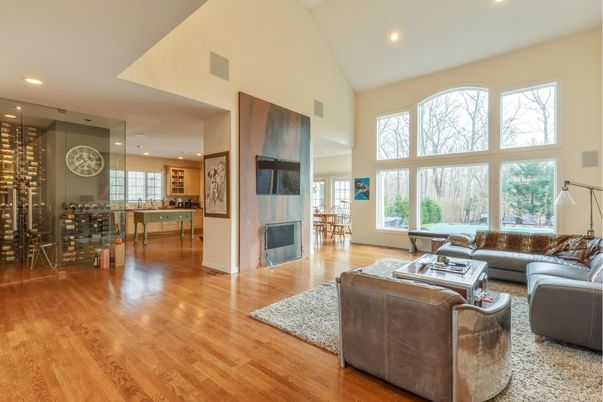 Fireplace, Interior, Kitchen, Living room, Recessed Lighting, Wood Texture Flooring