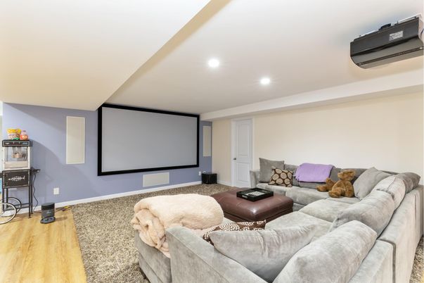 Interior, Projection Screen, Recessed Lighting, Theatre Room, Wood Texture Flooring