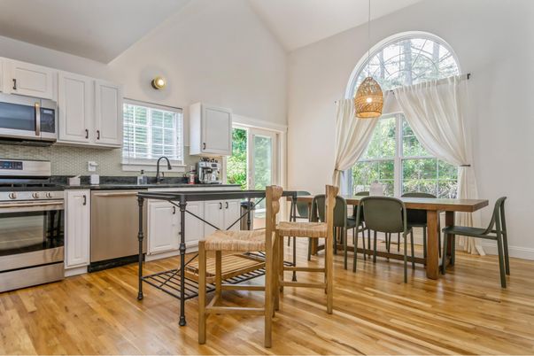 Dining room, Interior, Kitchen, Pendant Lights, Stainless Steel Appliances, Wood Texture Flooring