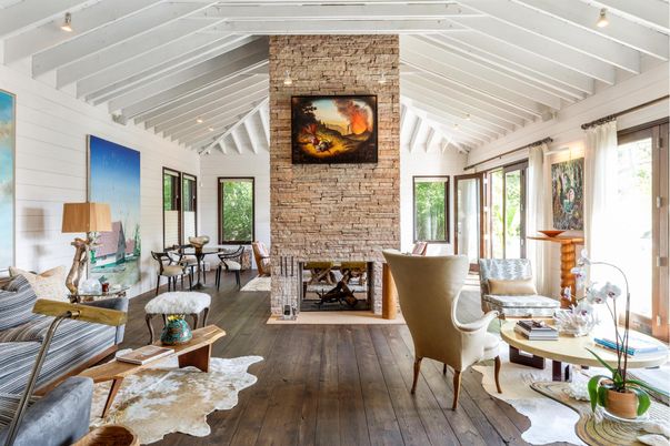 Dining room, Fireplace, Interior, Living room, Stone Walls, Wood Texture Flooring