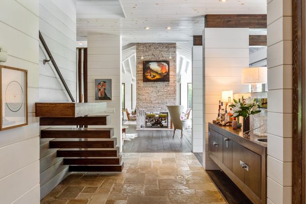 Fireplace, Interior, Recessed Lighting, Stone Walls