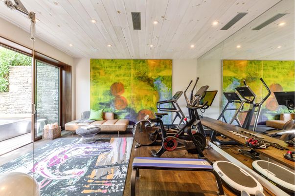 Fitness Equipment, Interior, Recessed Lighting, Wooden Ceilings, Wood Texture Flooring